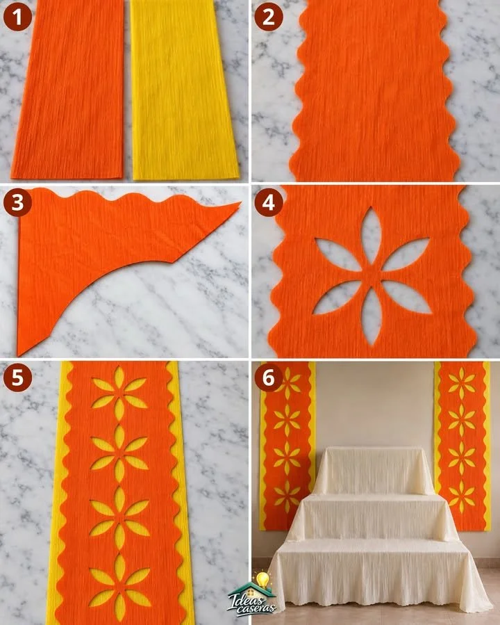 🌼🧡 CORTINAS DE PAPEL CREPÉ 🧡🌼

✅ Materiales:

2 pliegos de papel crepé naranja 
2 pliegos de papel crepé amarillo
Tijeras
Lápiz
Silicón 
Lazo o mecatito de manualidades 

🧡 Elaboración:

1. Acom...