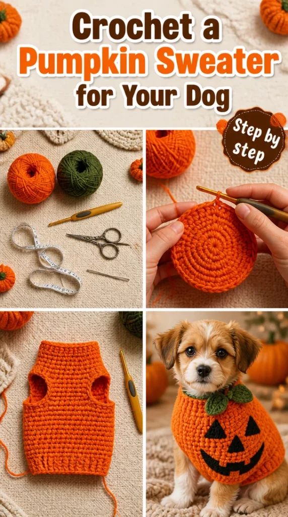 Cute dog wearing a handmade pumpkin sweater for fall