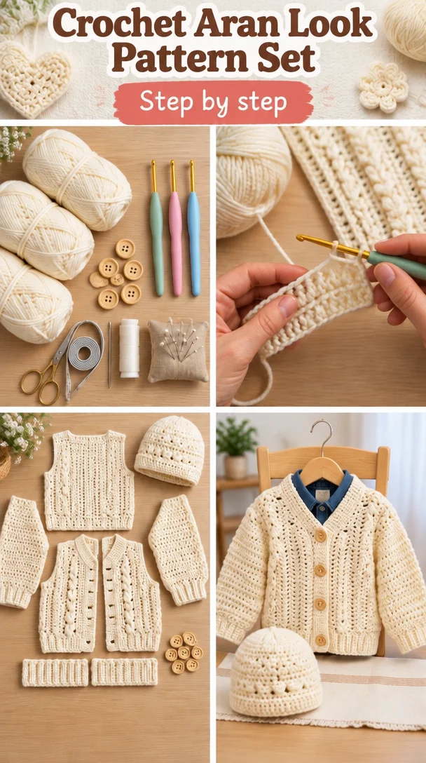 Crochet Aran Look Pattern Set showcasing intricate designs and textured stitches.