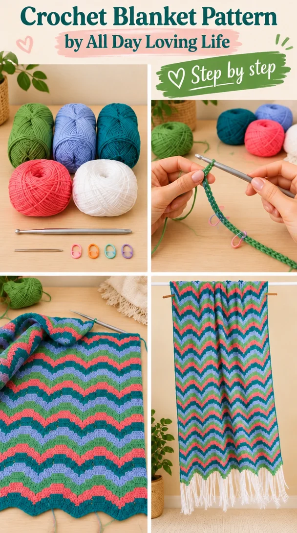 Cozy crochet blanket pattern by All Day Loving Life for handmade home decor