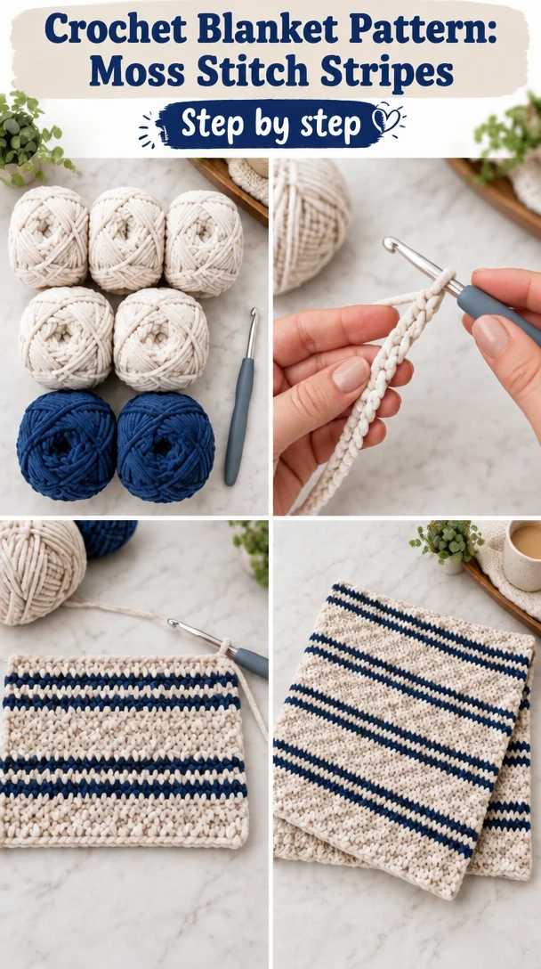Moss Stitch Stripes Crochet Blanket Pattern