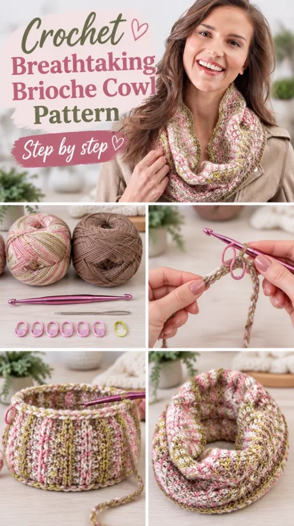 Crochet brioche cowl showcasing an intricate pattern and beautiful colors