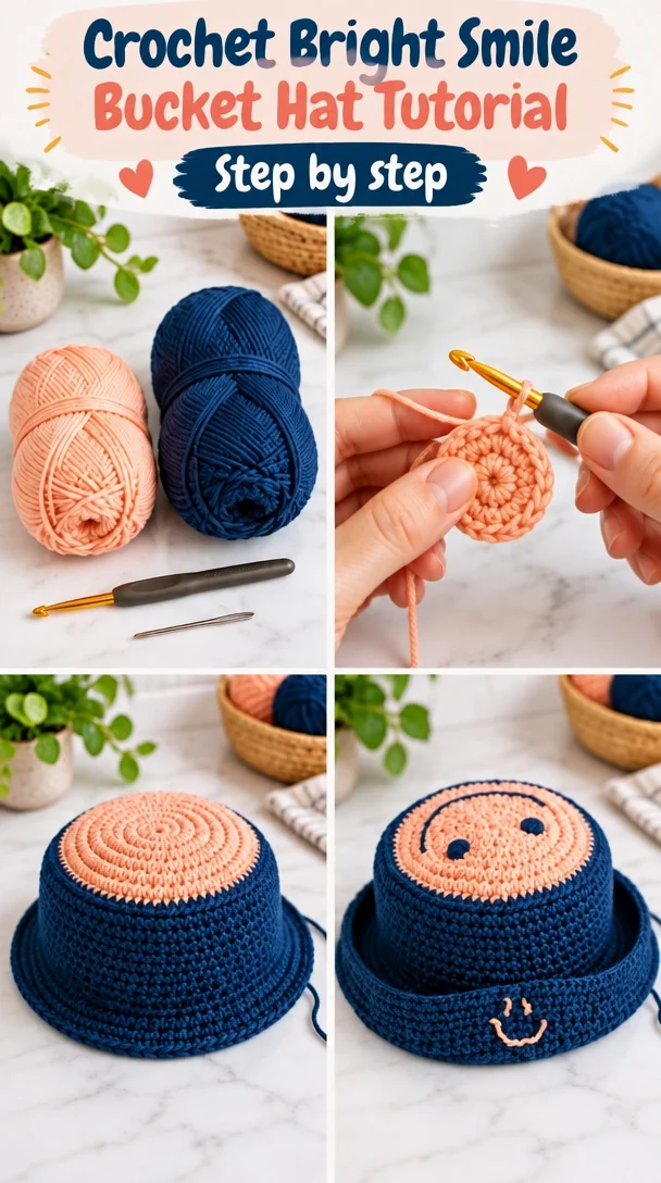 Crochet tutorial for a bright smile bucket hat, showcasing vibrant colors and a playful design.