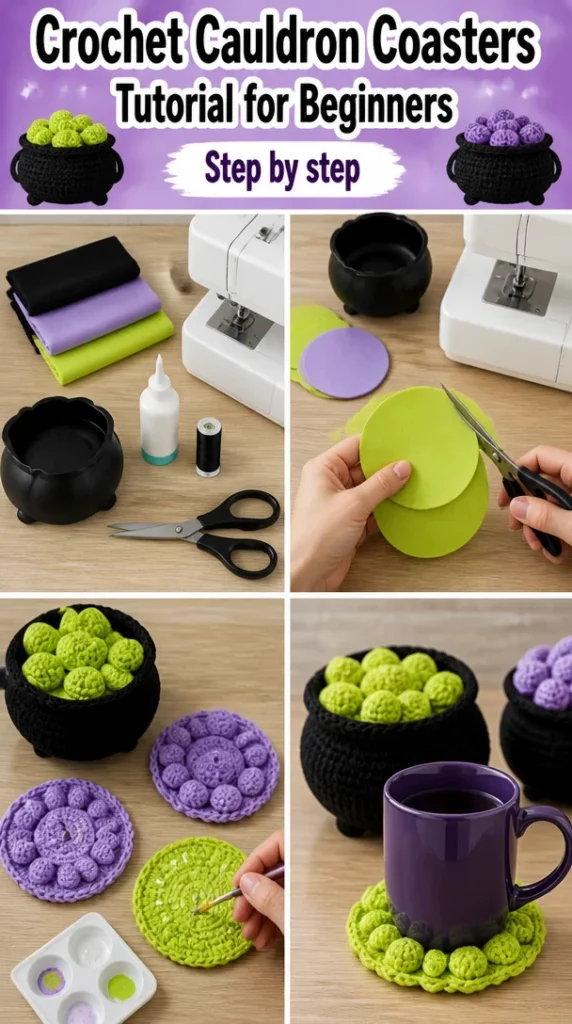 Crochet cauldron coasters tutorial for beginners with colorful designs