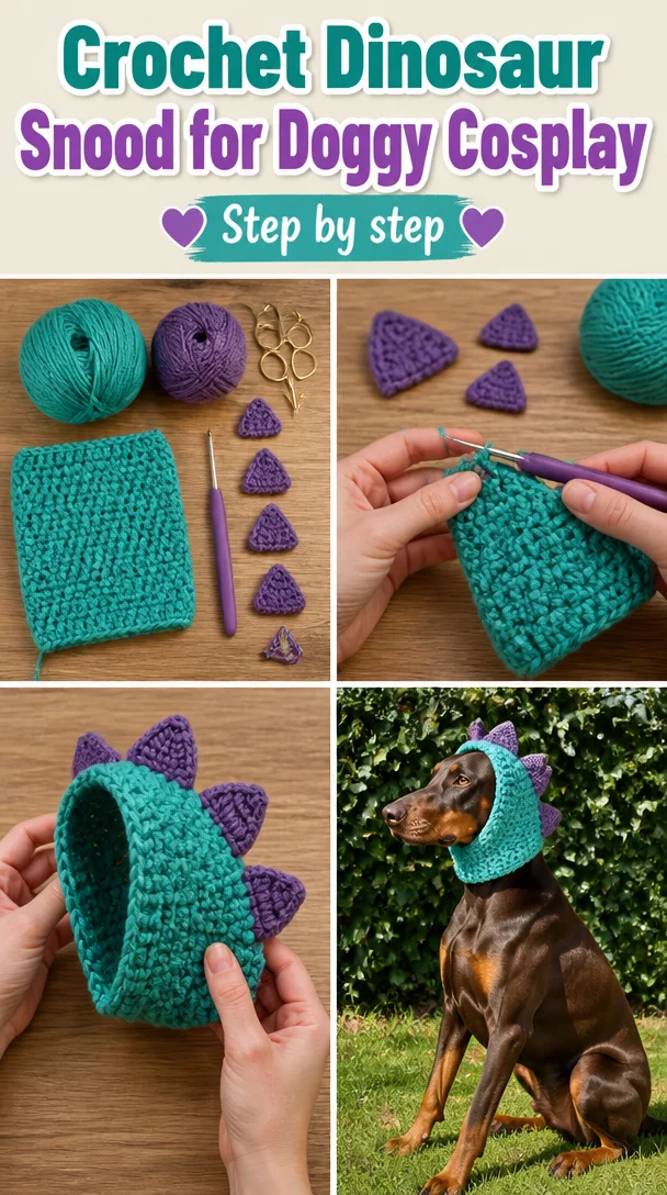 Crochet dinosaur snood for doggy cosplay, perfect for playful pets.