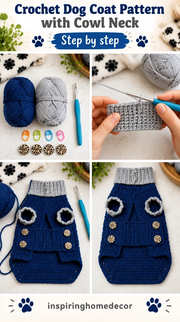Crochet dog coat pattern featuring a stylish cowl neck design.