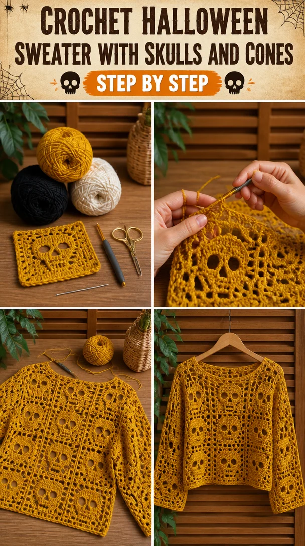 Crochet Halloween sweater adorned with skulls and cones for festive style