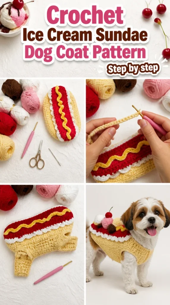 Crochet ice cream sundae dog coat pattern for stylish dogs