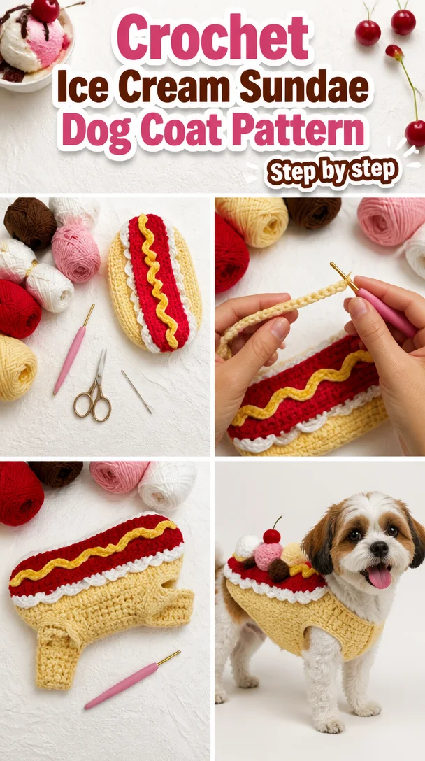Crochet ice cream sundae dog coat pattern for stylish dogs