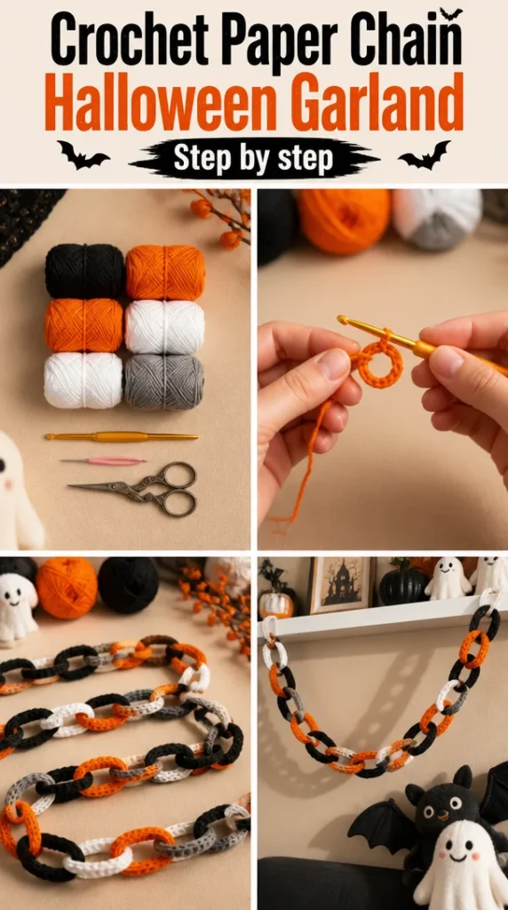 Crochet Halloween garland made from colorful paper chains for festive decor.