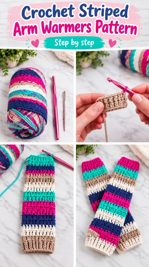 Crochet striped arm warmers pattern for stylish warmth and comfort