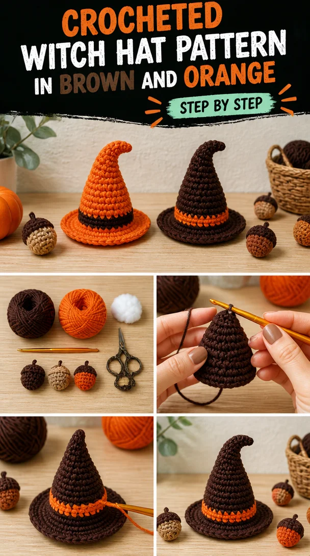 Crocheted witch hat pattern in brown and orange