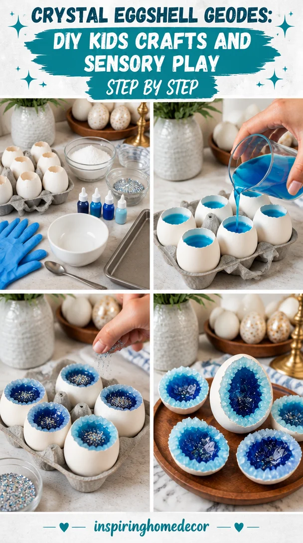 Colorful crystal geodes made from eggshells for DIY kids crafts and sensory play.