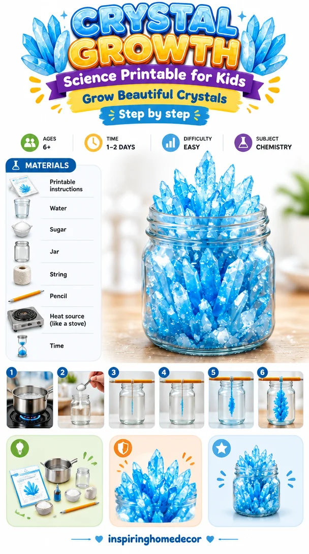 Kids growing beautiful crystals with a science printable on crystal growth.