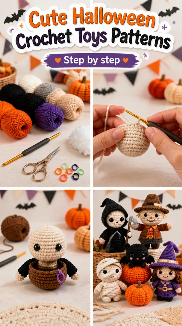 Cute Halloween crochet toys in various spooky designs and colors.