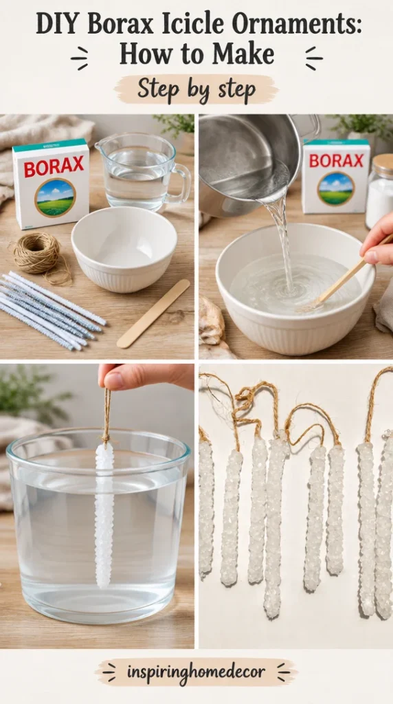 DIY Borax icicle ornaments for winter decorations