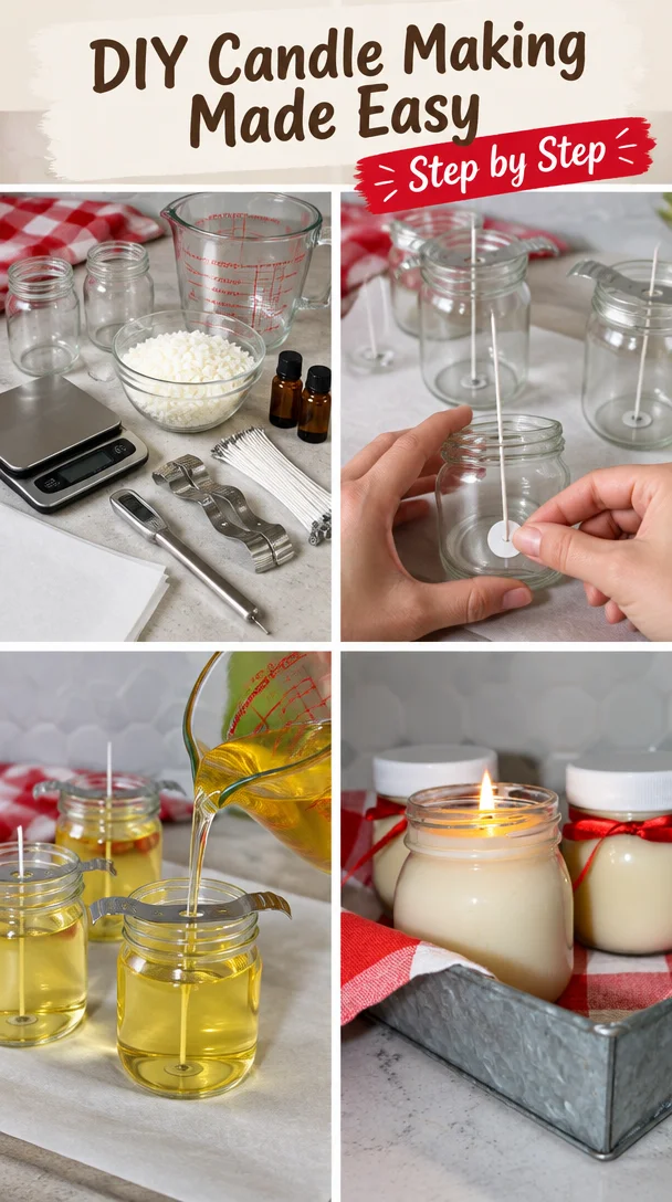 Easy DIY candle making process with materials and tools displayed.