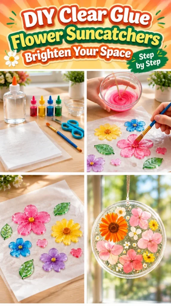 Colorful DIY flower suncatchers made with clear glue hanging by a window