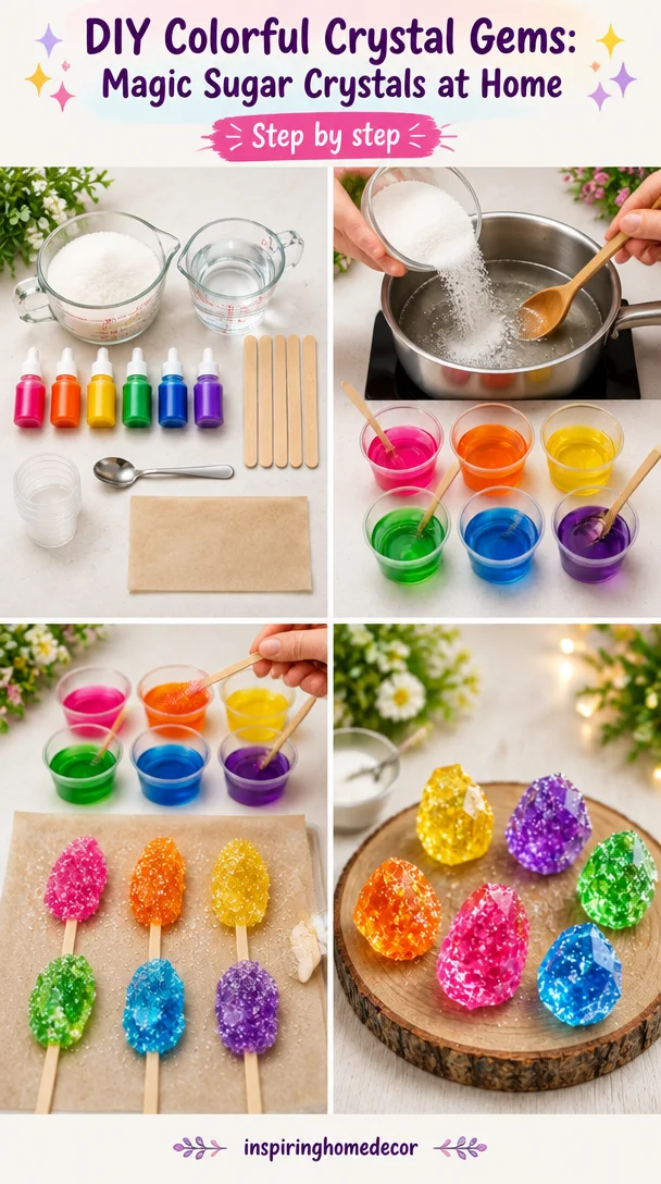 Emma - 💎✨ DIY Colorful Crystal Gems (Magic Sugar Crystals) 🌈🪄  Create dazzling, crystal-like gems at home using simple ingredients! These sparkling creations look like real gemstones and are perfect for decoration, gifts, or fun science-inspired cr...