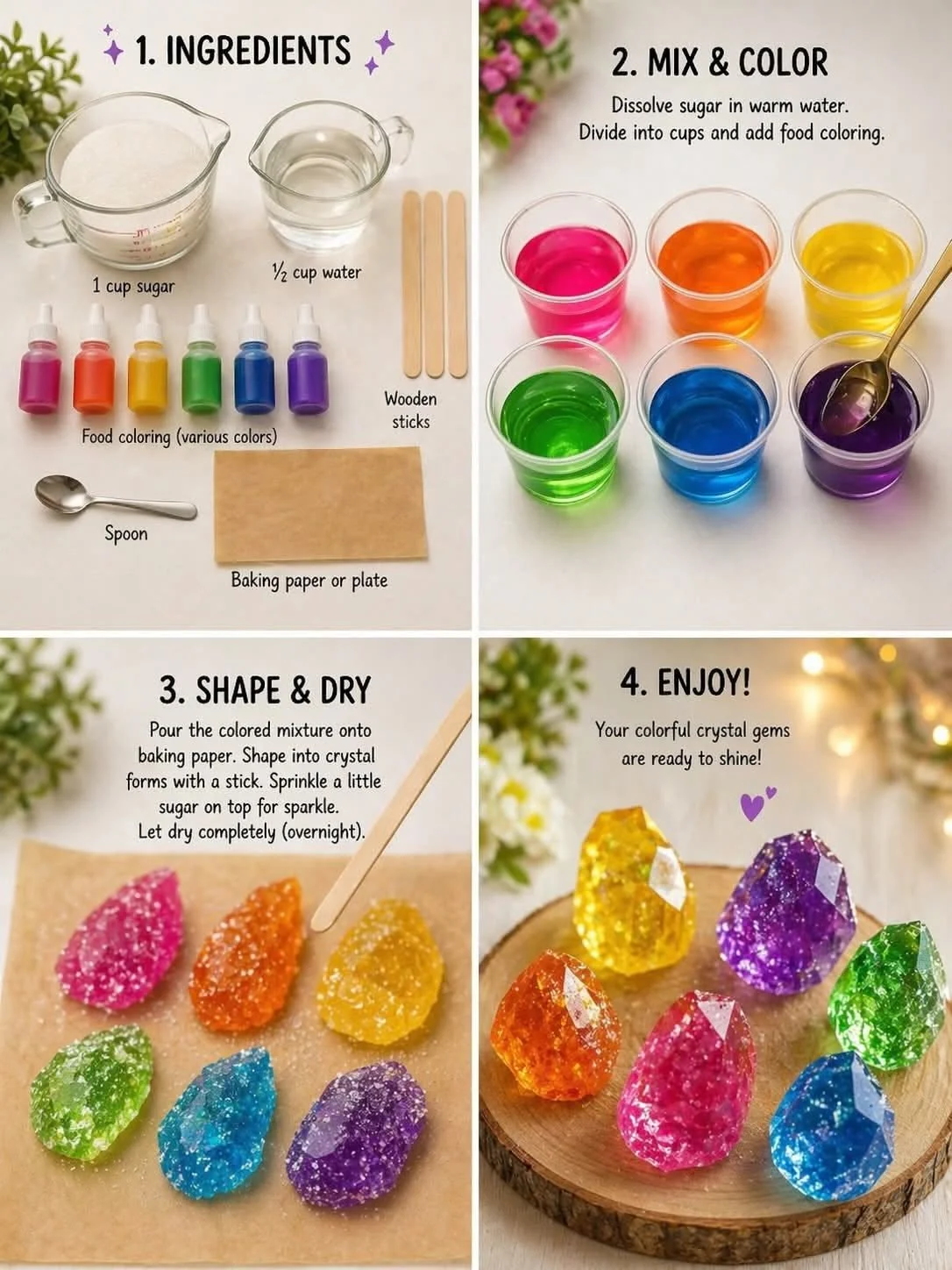 Emma - 💎✨ DIY Colorful Crystal Gems (Magic Sugar Crystals) 🌈🪄  Create dazzling, crystal-like gems at home using simple ingredients! These sparkling creations look like real gemstones and are perfect for decoration, gifts, or fun science-inspired cr...