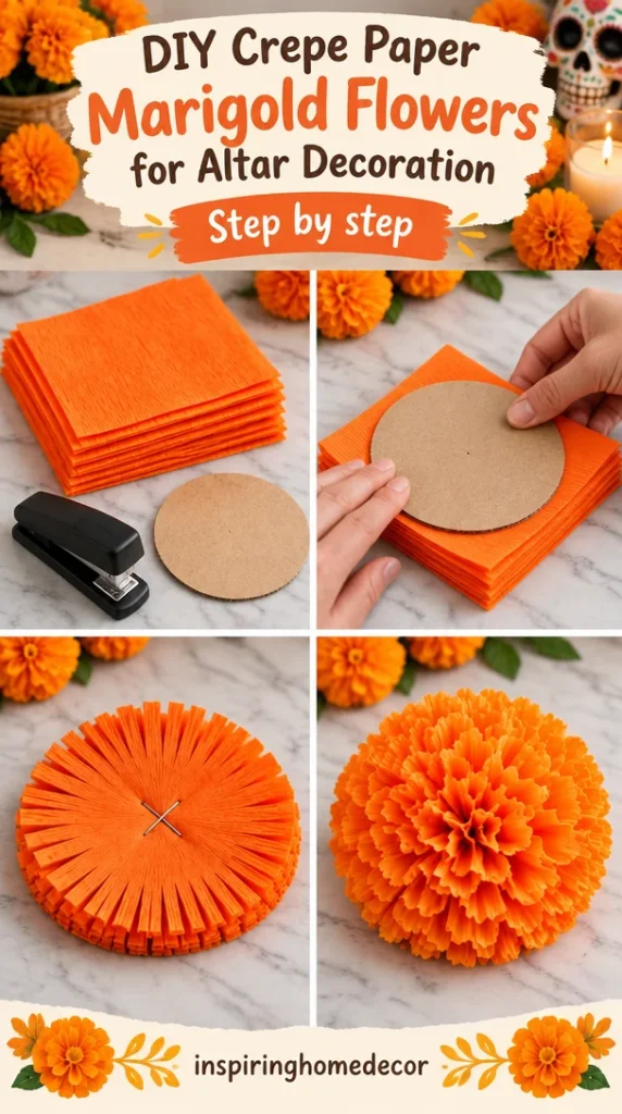 DIY crepe paper marigold flowers for vibrant altar decoration