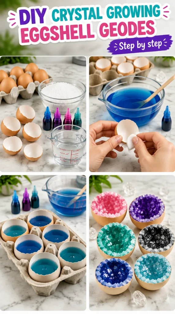 DIY crystal growing eggshell geodes with shimmering crystals inside