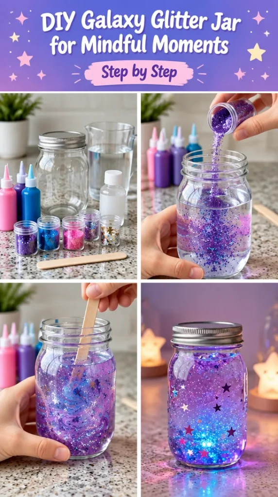 DIY galaxy glitter jar for mindfulness and relaxation with beautiful shimmering effects.