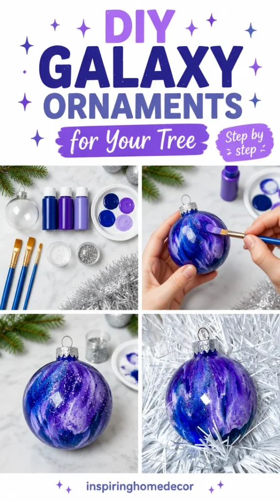 DIY galaxy ornaments for tree decoration with colorful cosmic designs.