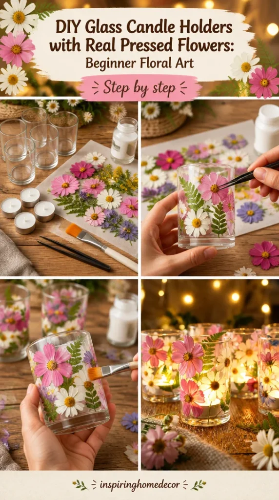 DIY glass candle holders with pressed flowers for elegant home decor.