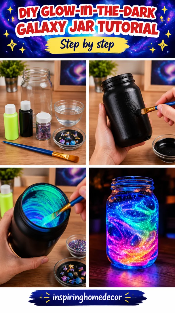 DIY glow-in-the-dark galaxy jar tutorial with colorful stars and glowing elements