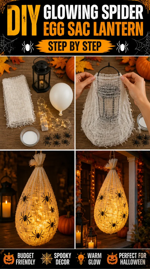 DIY glowing spider egg sac lantern for Halloween decoration