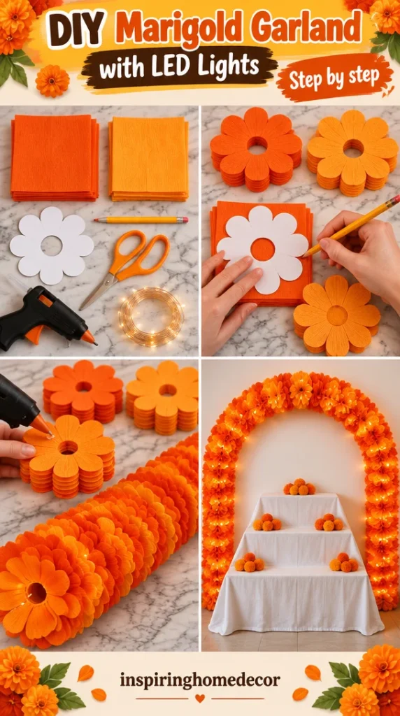 DIY Marigold Garland adorned with LED lights for festive decoration