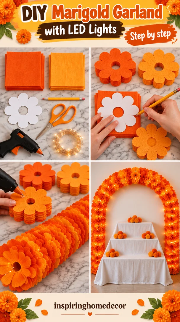 DIY Marigold Garland adorned with LED lights for festive decoration