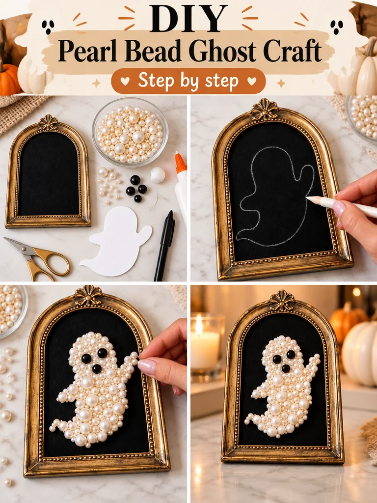 DIY pearl bead ghost craft project for Halloween decoration