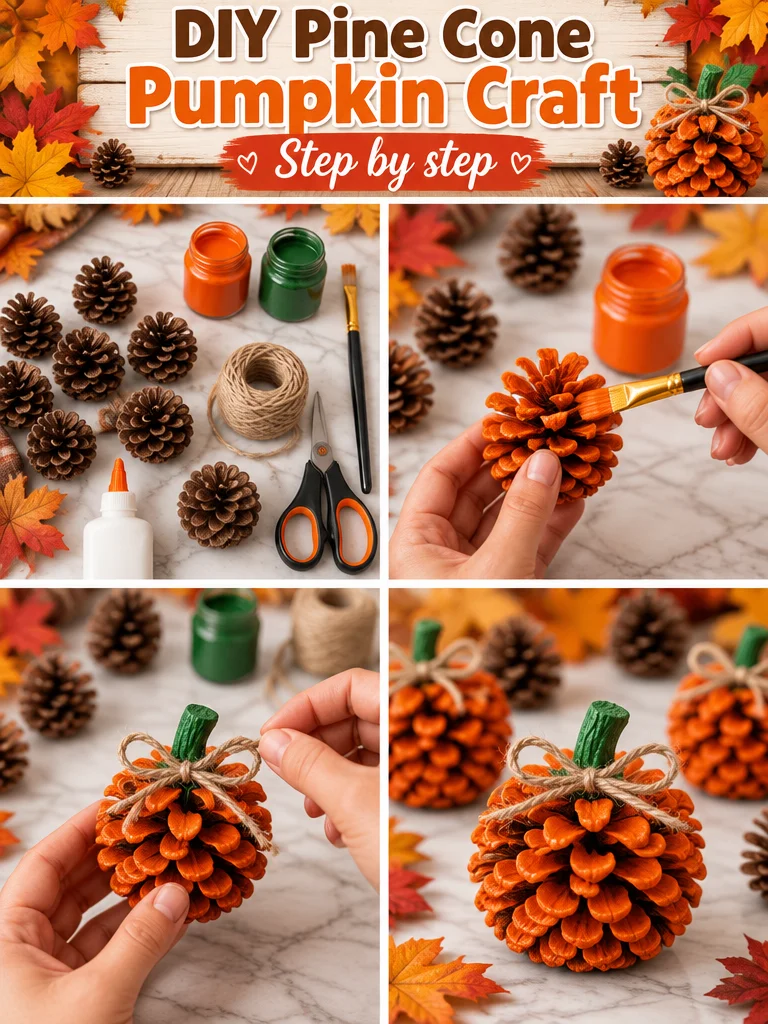Finished DIY Pine Cone Pumpkin craft displayed on a table