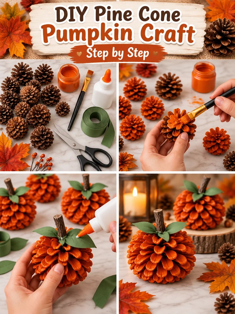 DIY Pine Cone Pumpkin craft decoration for fall