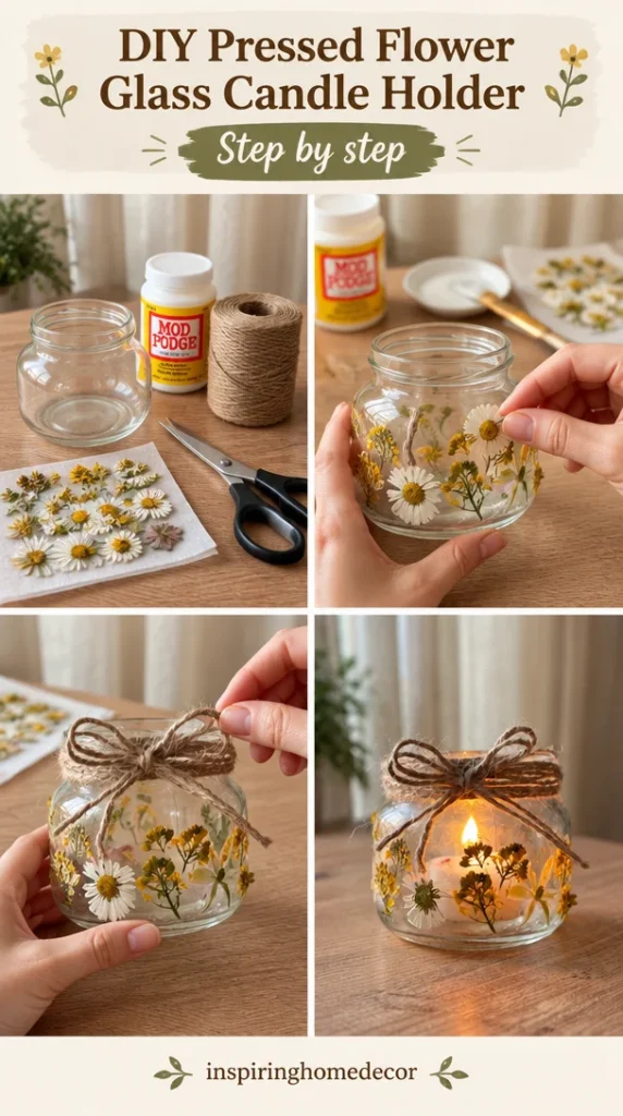 DIY pressed flower glass candle holder decorated with colorful flowers