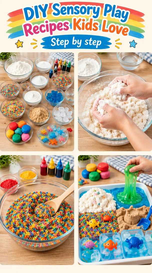 Kids enjoying DIY sensory play activities with colorful ingredients.