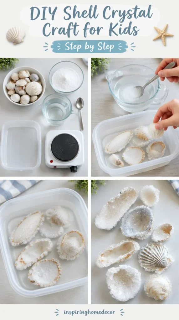 DIY Shell Crystal Craft project for kids showcasing colorful crystal shells
