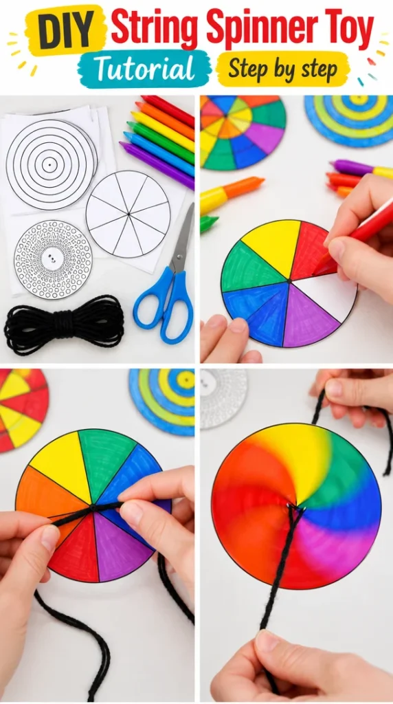 A colorful DIY String Spinner Toy made from simple materials.