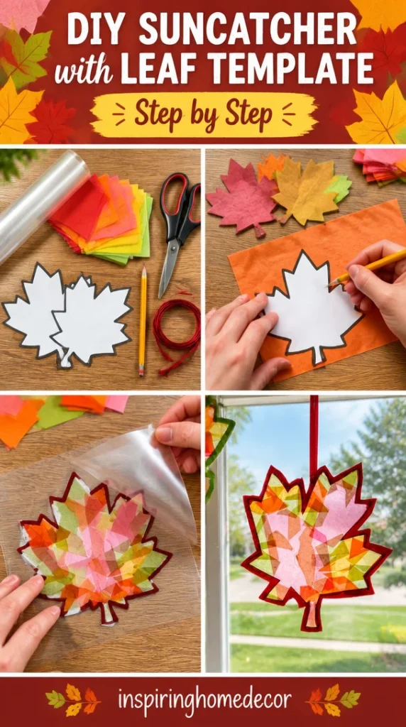 DIY suncatcher made with a leaf template for a colorful decoration