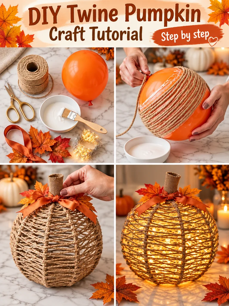 DIY twine pumpkin craft tutorial featuring handmade pumpkins for autumn decoration.