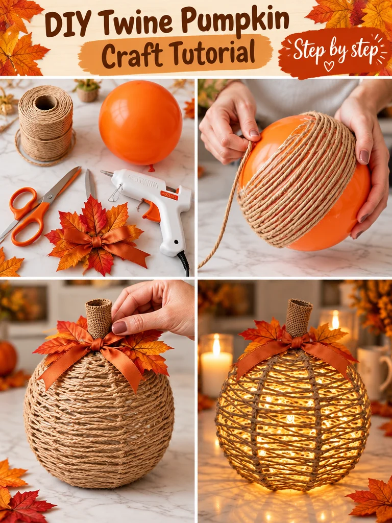DIY twine pumpkin craft tutorial for fall decorations