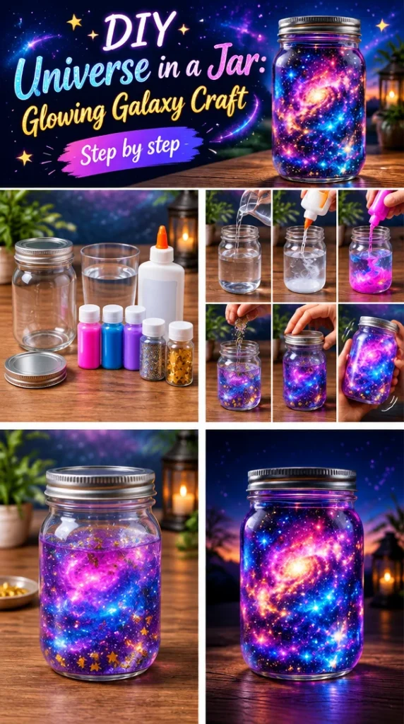 DIY glowing galaxy craft in a jar featuring stars and cosmic colors