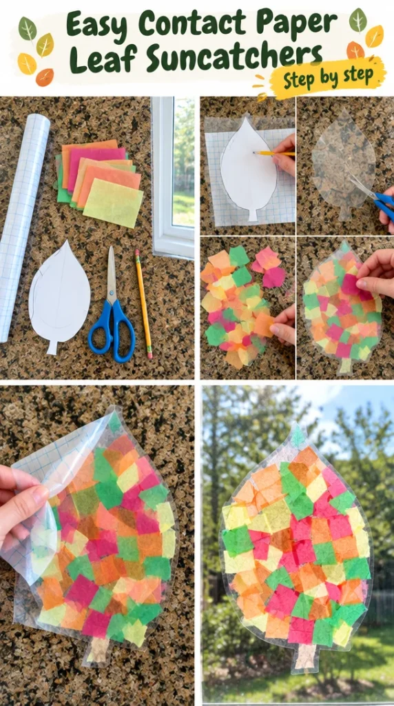 Colorful contact paper leaf suncatchers hanging in a sunny window