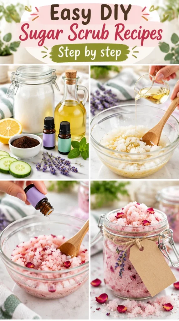 Bowl of easy DIY sugar scrub with natural ingredients for skin exfoliation