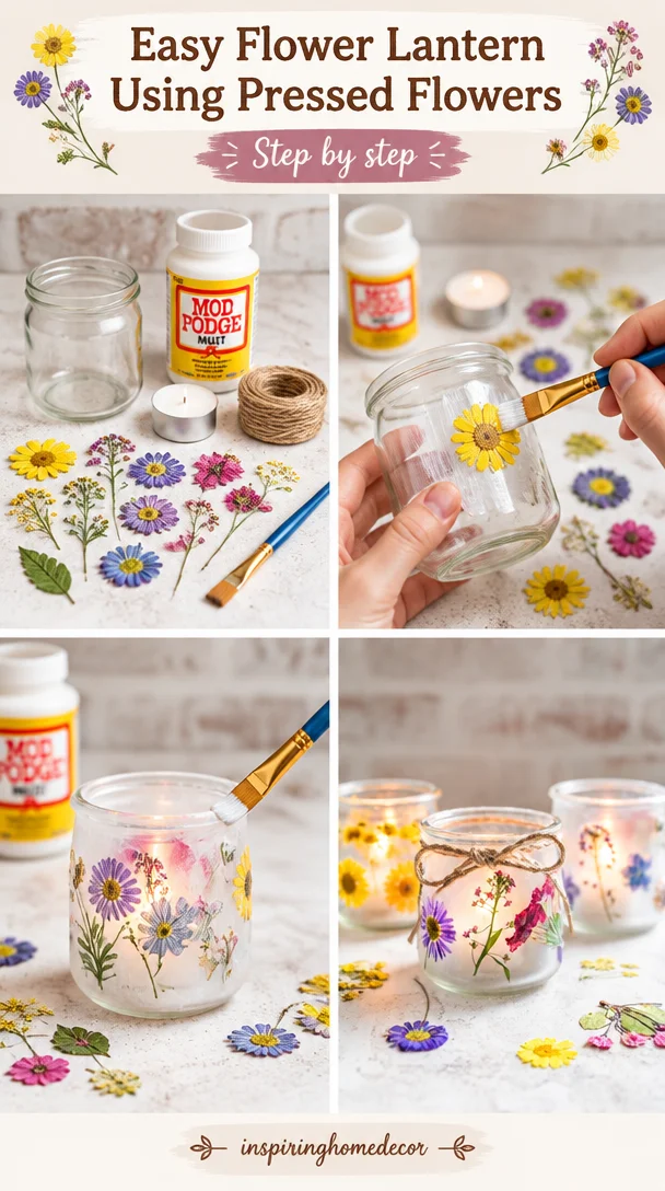 Easy flower lantern crafted with pressed flowers for beautiful decor.