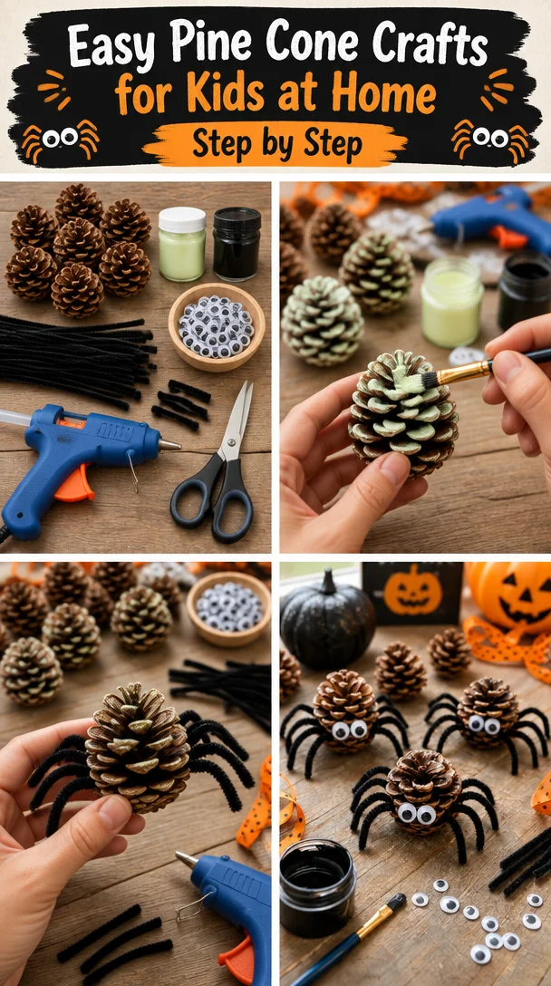 Kids creating easy pine cone crafts at home with natural materials.