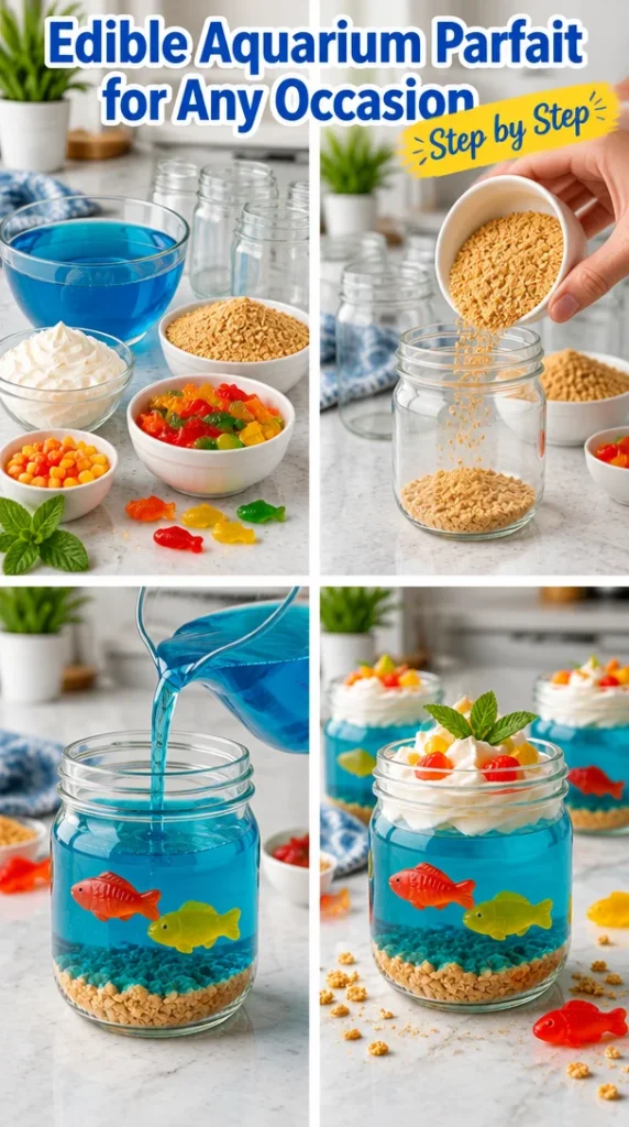 Colorful edible aquarium parfait with jelly, fruits, and decorative toppings
