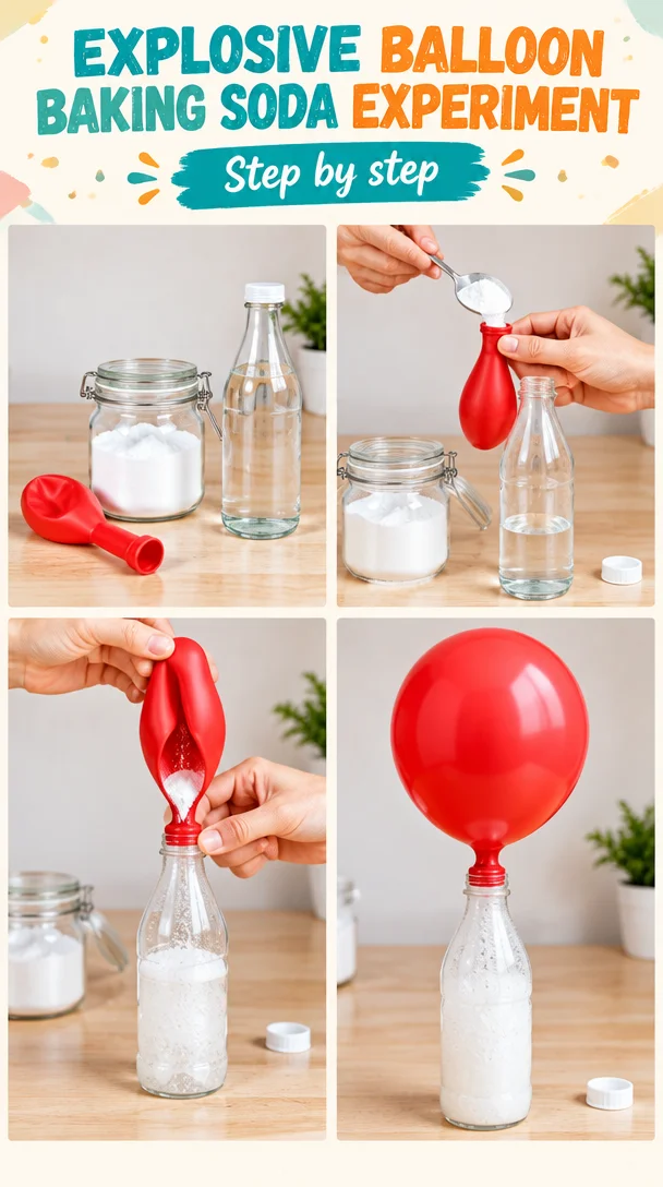 Balloon experiment with baking soda causing an explosive reaction.